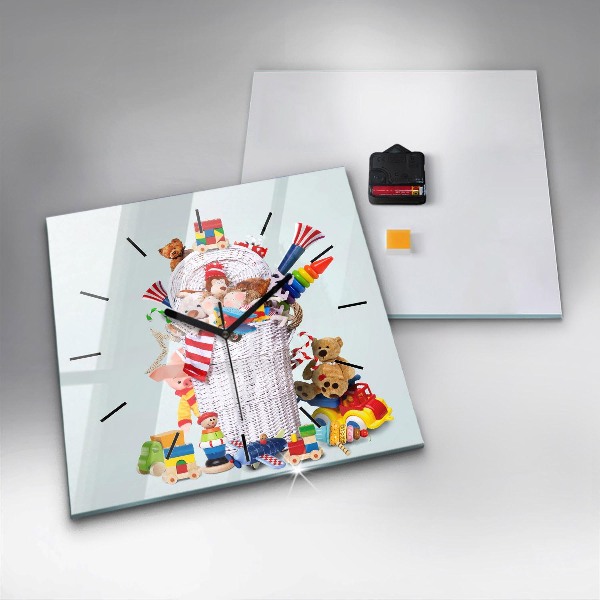 Square glass wall clock Wicker basket with toys