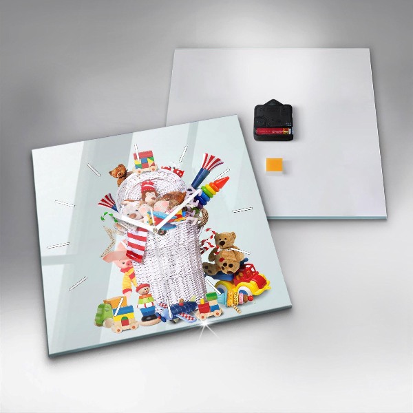 Square glass wall clock Wicker basket with toys