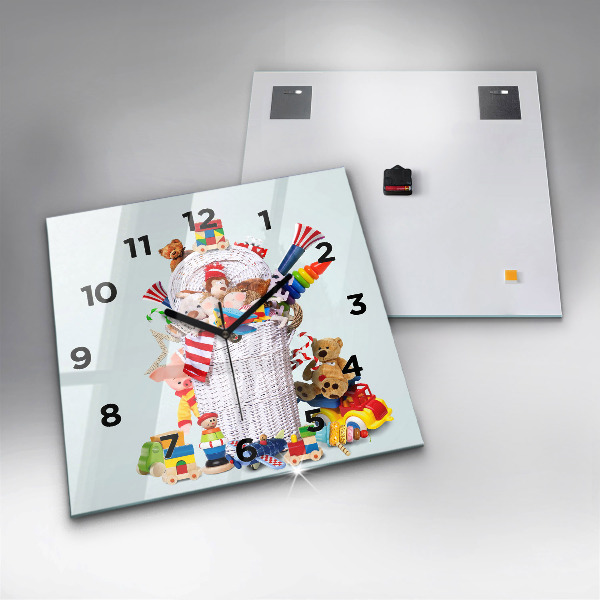 Square glass wall clock Wicker basket with toys