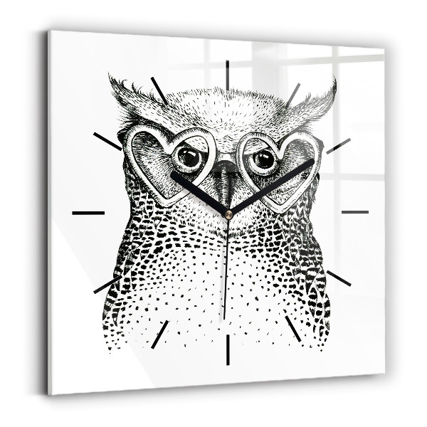 Square glass wall clock Drawn owl with glasses