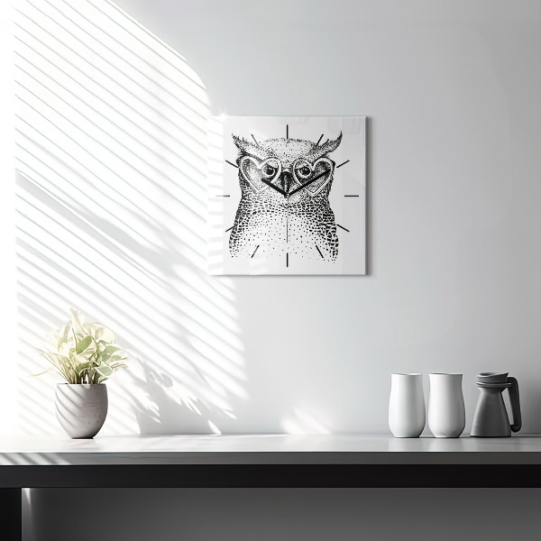 Square glass wall clock Drawn owl with glasses