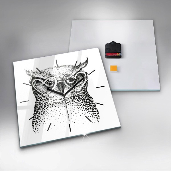 Square glass wall clock Drawn owl with glasses