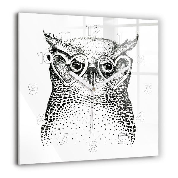 Square glass wall clock Drawn owl with glasses