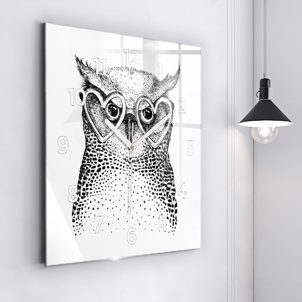 Square glass wall clock Drawn owl with glasses