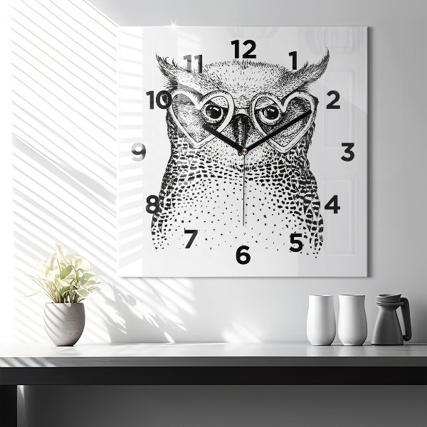 Square glass wall clock Drawn owl with glasses