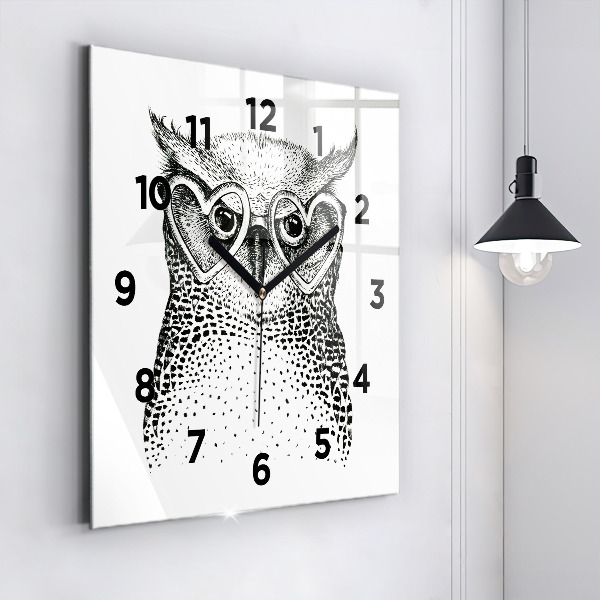 Square glass wall clock Drawn owl with glasses