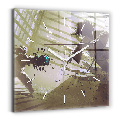Square glass wall clock Robot vs Samurai Fight
