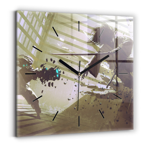 Square glass wall clock Robot vs Samurai Fight