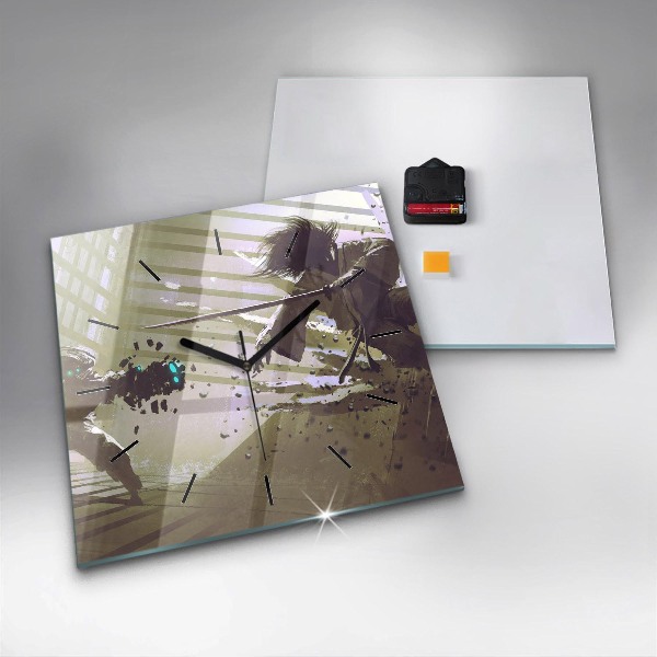 Square glass wall clock Robot vs Samurai Fight
