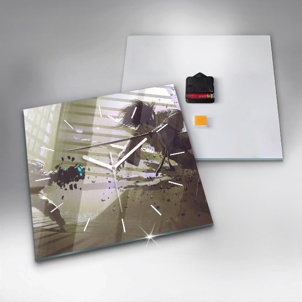 Square glass wall clock Robot vs Samurai Fight
