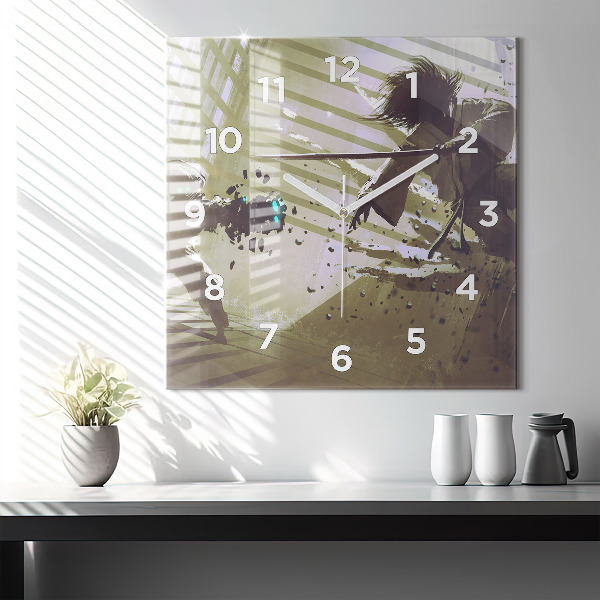 Square glass wall clock Robot vs Samurai Fight
