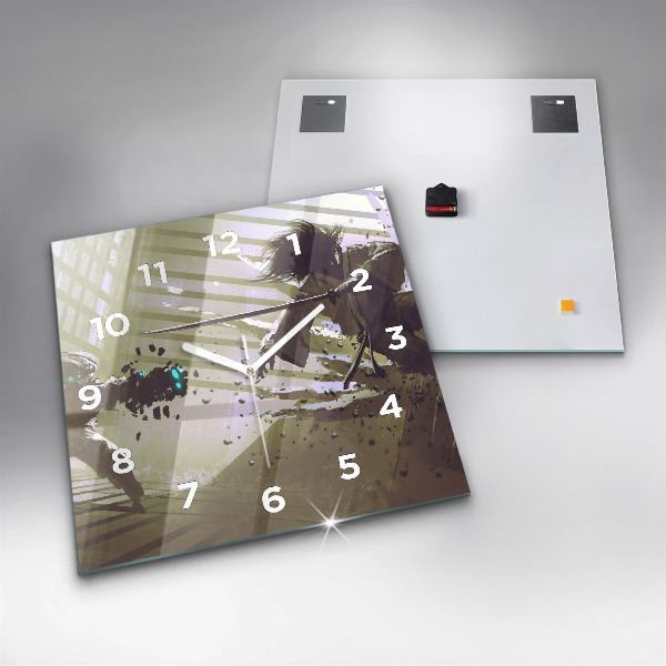Square glass wall clock Robot vs Samurai Fight