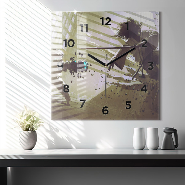 Square glass wall clock Robot vs Samurai Fight