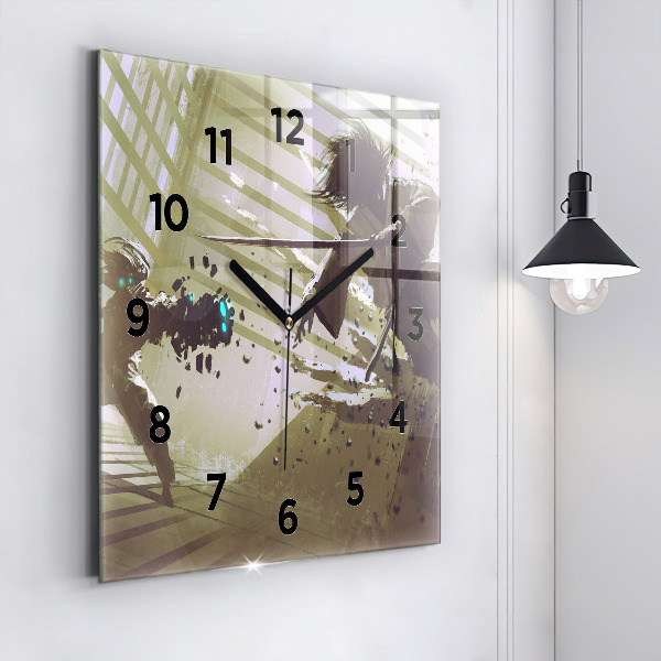 Square glass wall clock Robot vs Samurai Fight