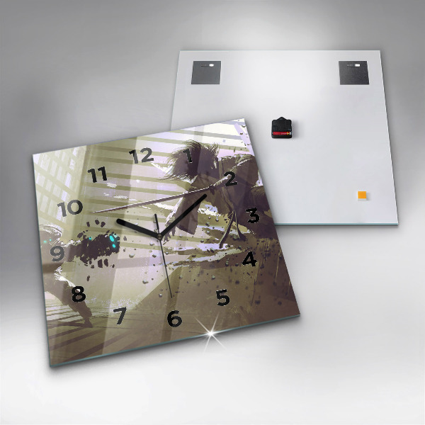 Square glass wall clock Robot vs Samurai Fight