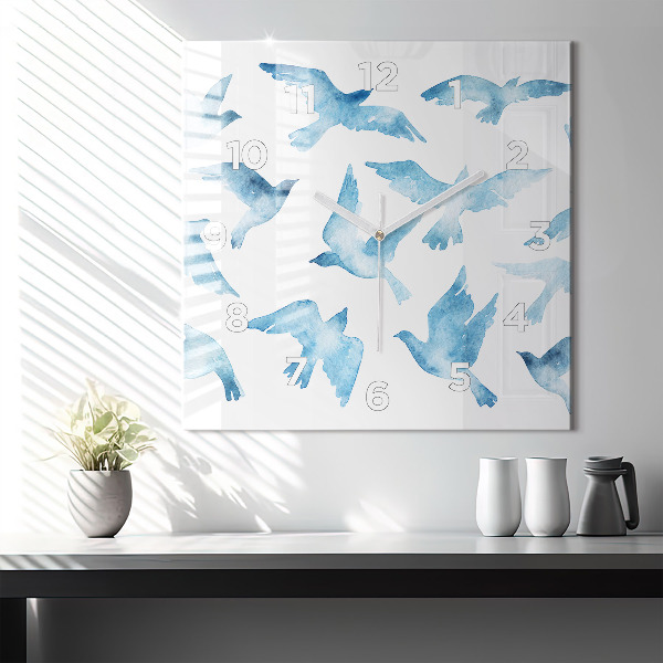 Square glass wall clock Flying blue birds