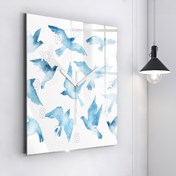 Square glass wall clock Flying blue birds
