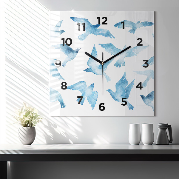 Square glass wall clock Flying blue birds