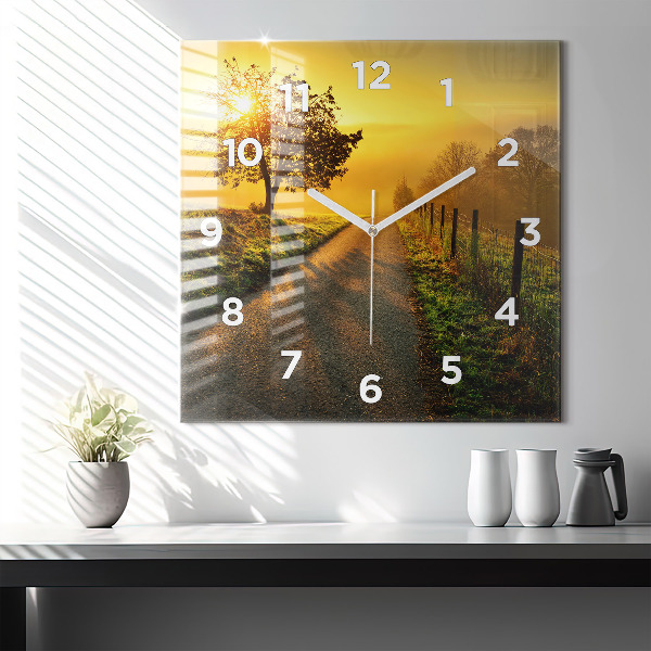 Square glass wall clock Fog at sunrise