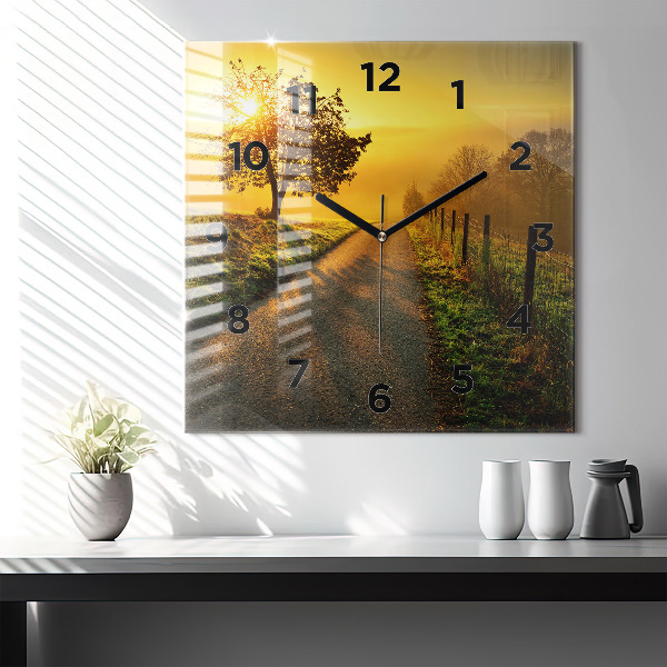 Square glass wall clock Fog at sunrise