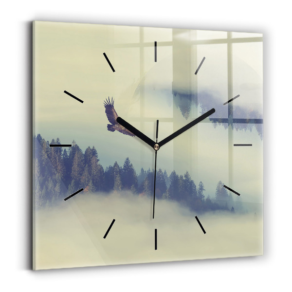 Square glass wall clock Misty forest eagle