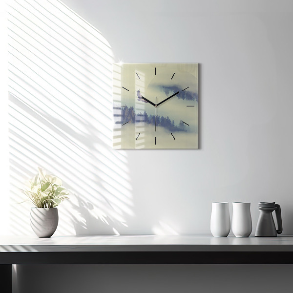 Square glass wall clock Misty forest eagle