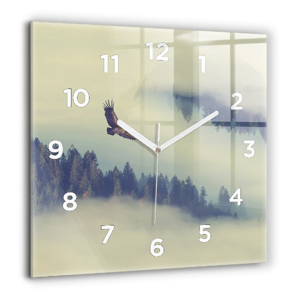 Square glass wall clock Misty forest eagle