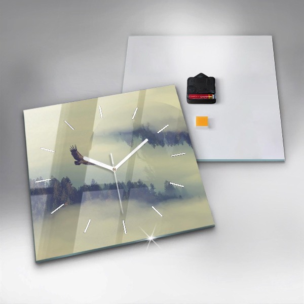 Square glass wall clock Misty forest eagle