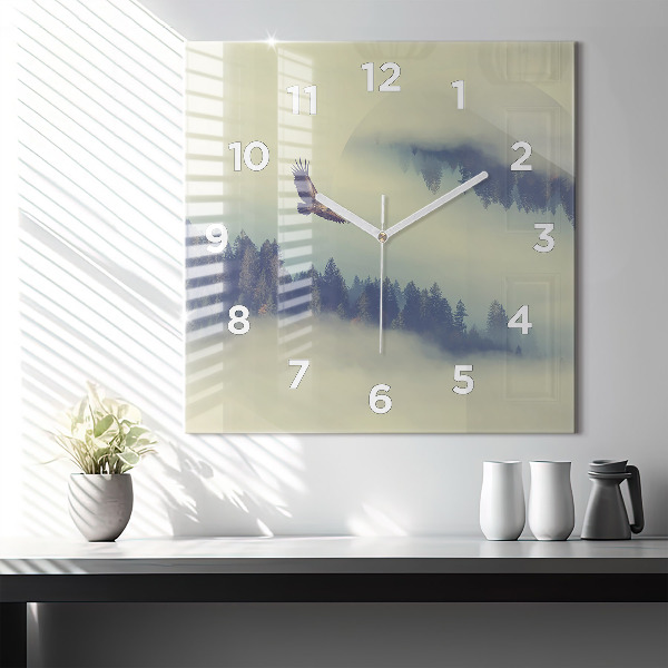 Square glass wall clock Misty forest eagle