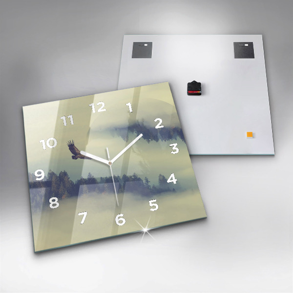 Square glass wall clock Misty forest eagle