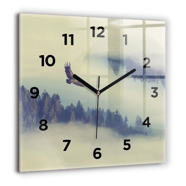 Square glass wall clock Misty forest eagle
