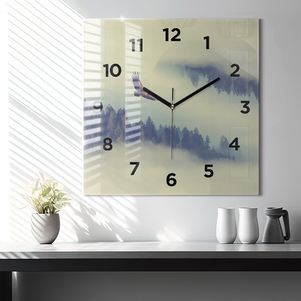 Square glass wall clock Misty forest eagle