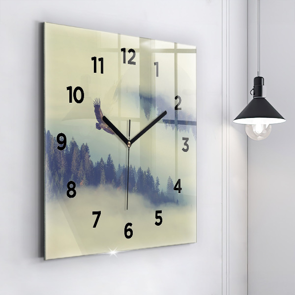 Square glass wall clock Misty forest eagle
