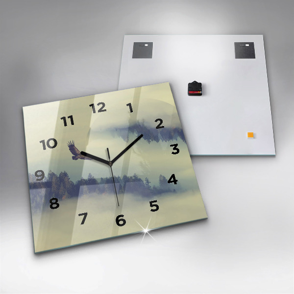 Square glass wall clock Misty forest eagle