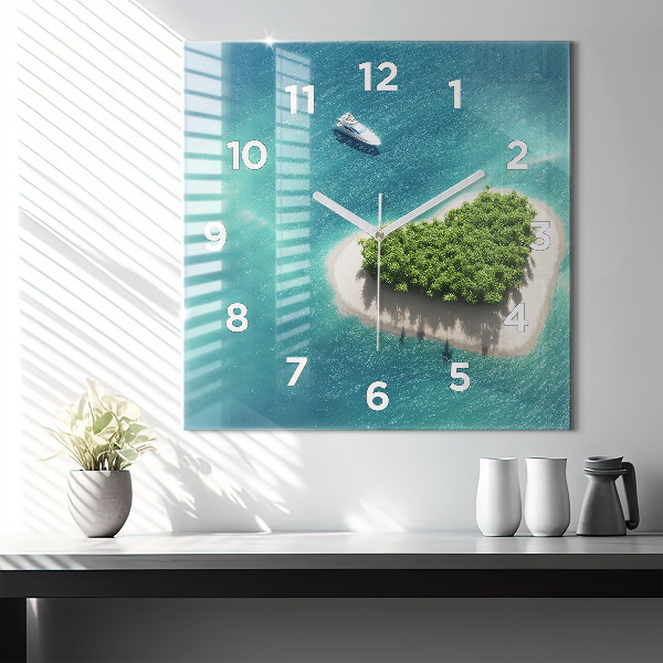 Square glass wall clock Heart Island