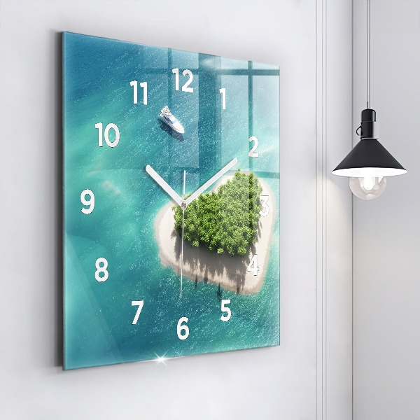 Square glass wall clock Heart Island
