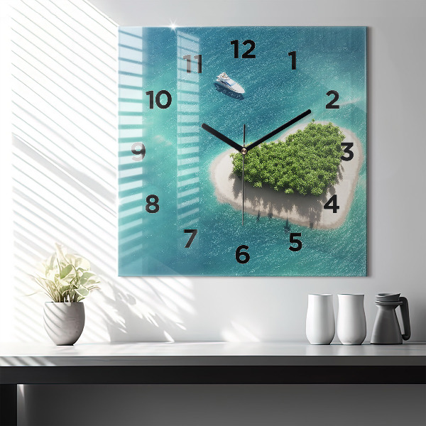 Square glass wall clock Heart Island