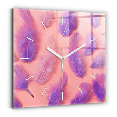 Square glass wall clock Colorful feathers