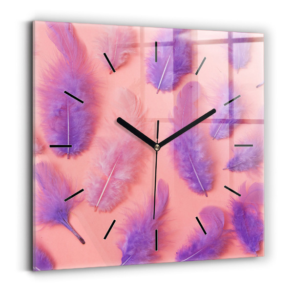 Square glass wall clock Colorful feathers