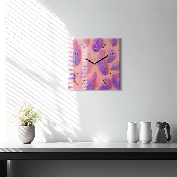 Square glass wall clock Colorful feathers