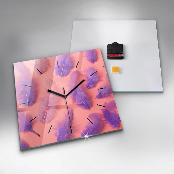Square glass wall clock Colorful feathers
