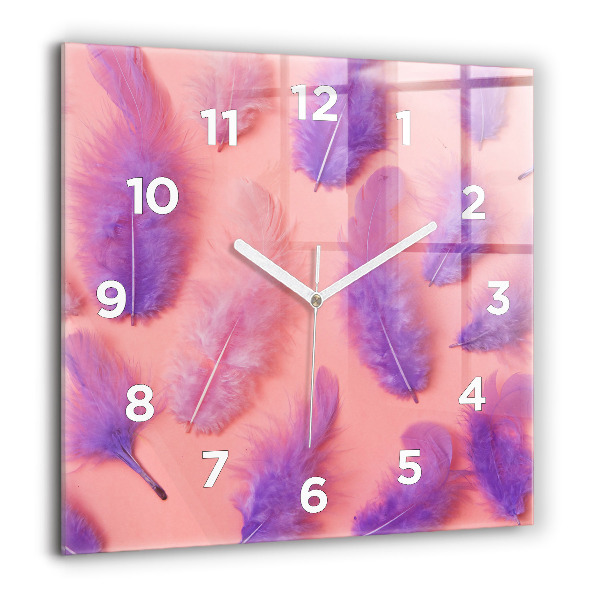 Square glass wall clock Colorful feathers