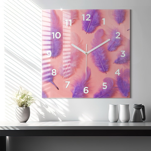 Square glass wall clock Colorful feathers