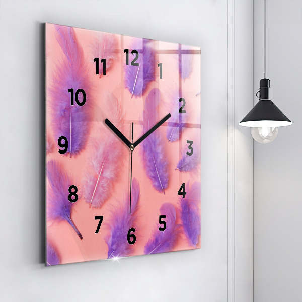 Square glass wall clock Colorful feathers