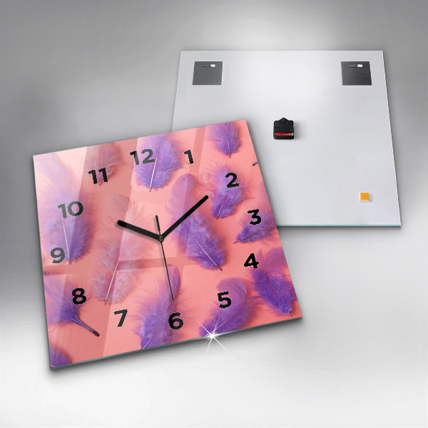Square glass wall clock Colorful feathers