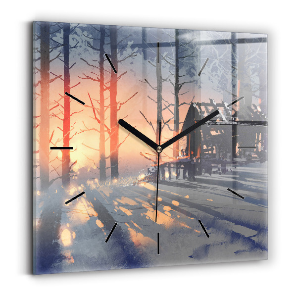 Square glass wall clock Winter Tree Landscape