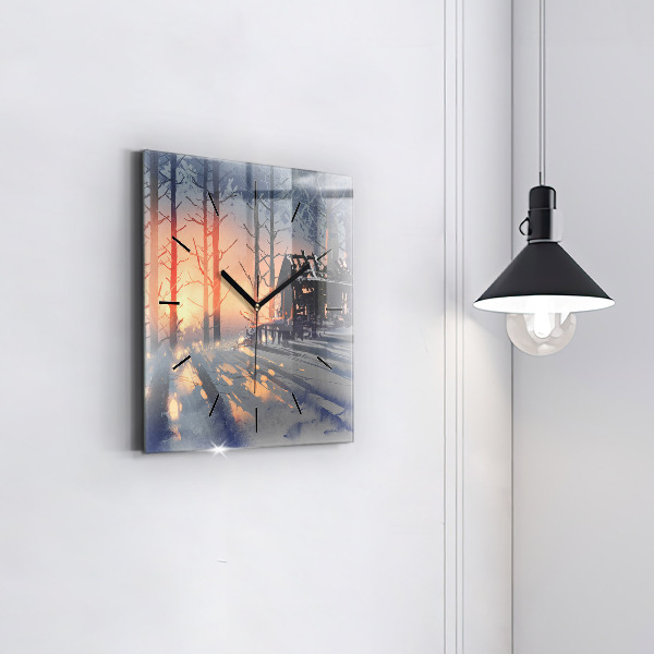 Square glass wall clock Winter Tree Landscape