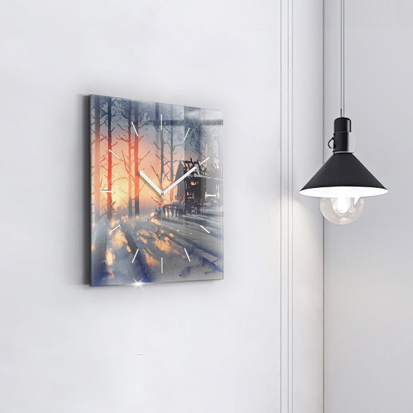 Square glass wall clock Winter Tree Landscape