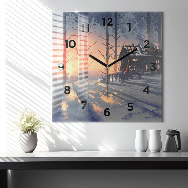Square glass wall clock Winter Tree Landscape