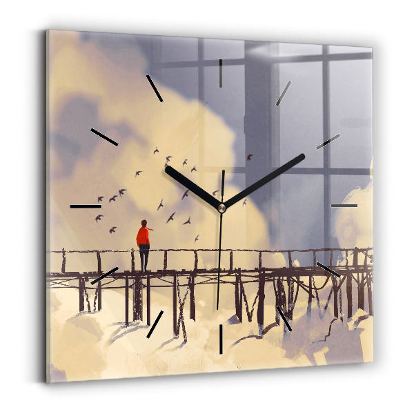 Square glass wall clock Man on the old bridge